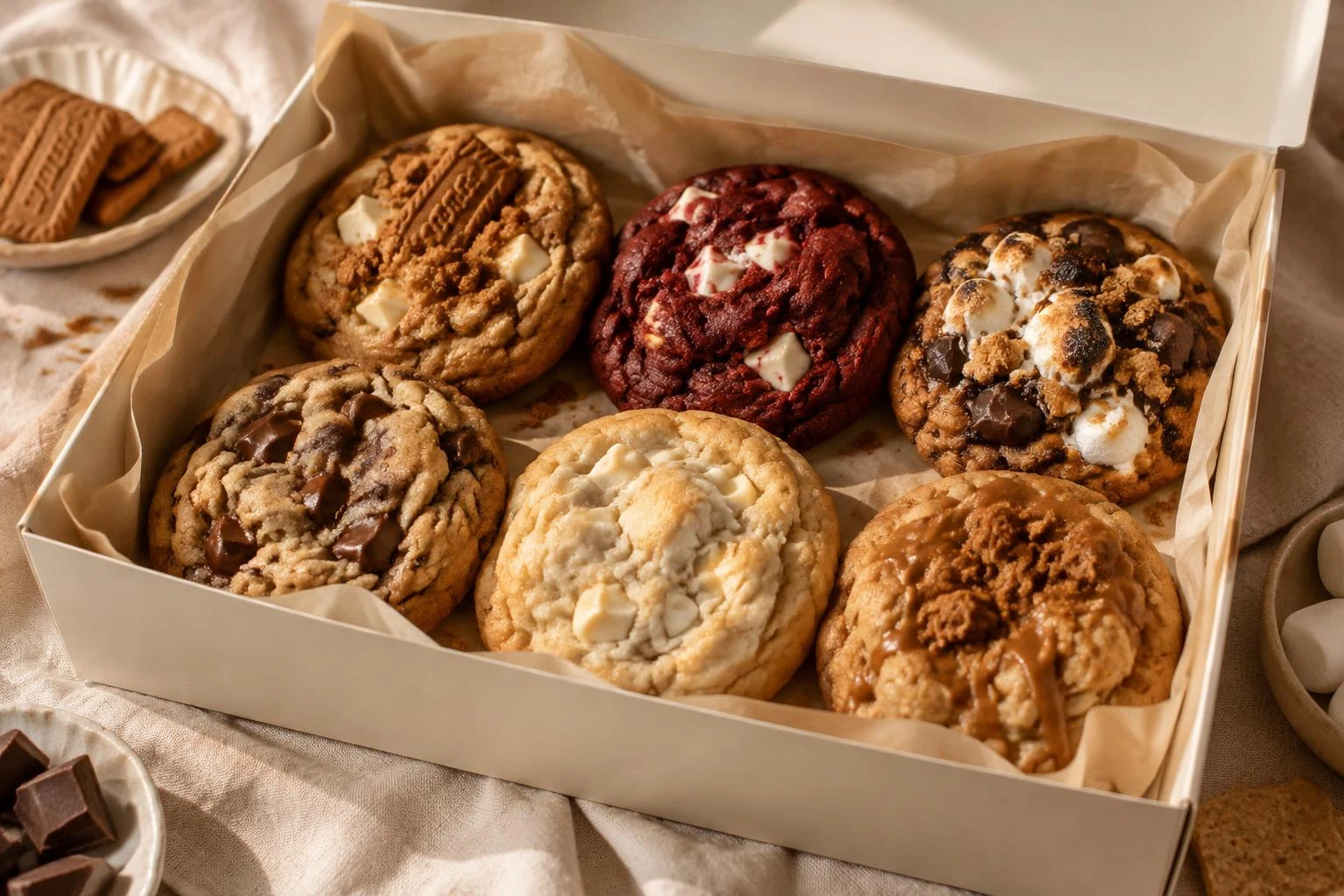 Parchment-lined cookie assortment — concept packaging photography, not confirmed box contents